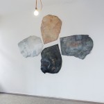 Sediments Installation of fout object/paintings, wooden construction, concrete clay infusion